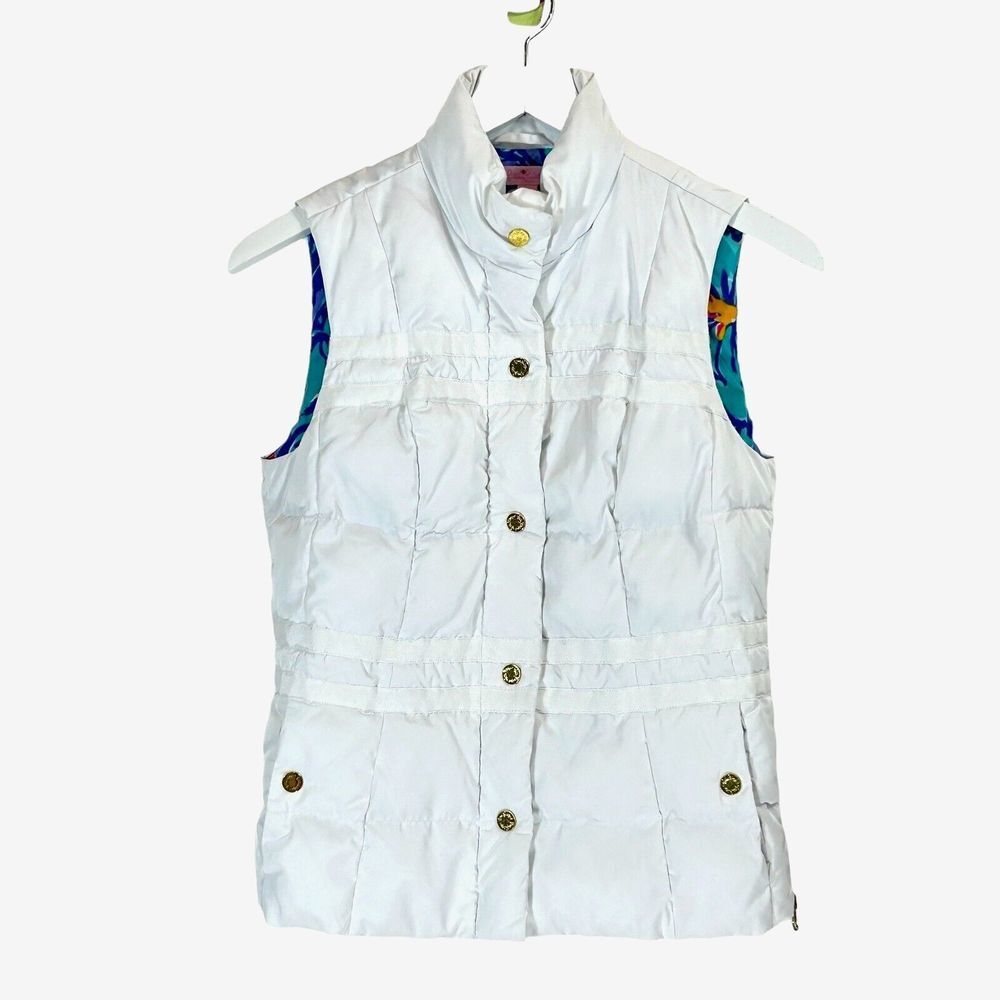 Lilly Pulitzer Vest Womens XS White Kate Quilted  Puffer Floral Lining Preppy